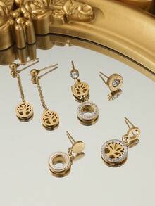 6pcs/Set Stainless Steel Gold Life Tree Compass Earrings Set - Gold - View 2