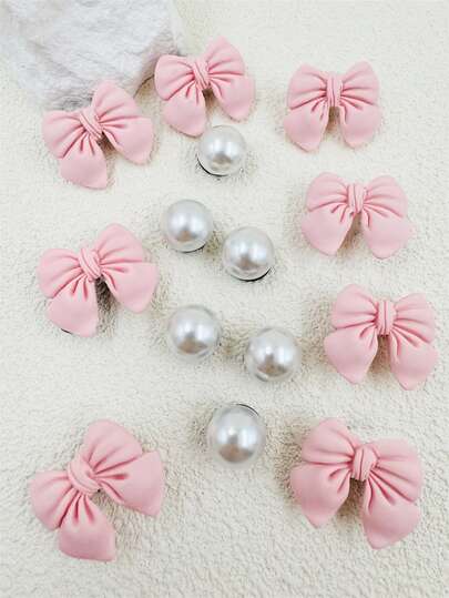 14pcs/Set Cute Cartoon Resin Pink Bow Pearl DIY Decor Accessories, Suitable For Wood Shoes And Sandals, Durable, Imaginative Design, Great For Party Gifts And Creative Gifts