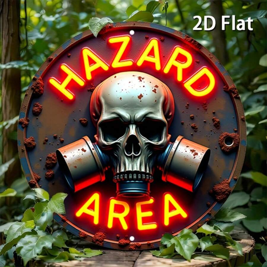 [2D Flat] 1pc Vintage Metal Sign - "Danger Zone" Design With Skull & Gas Mask, Bright Neon Lighting, Vintage Metal Alloy Wall Art, Suitable For Bar, Cafe, Beach House, Backyard, Mystical Spaces, Size: 7.8" X 7.8", Outdoor Wall Decor | Vintage Metal Sign | Durable Metal Sign, Metal Wall Art Decor, Random Mounting Hole Style