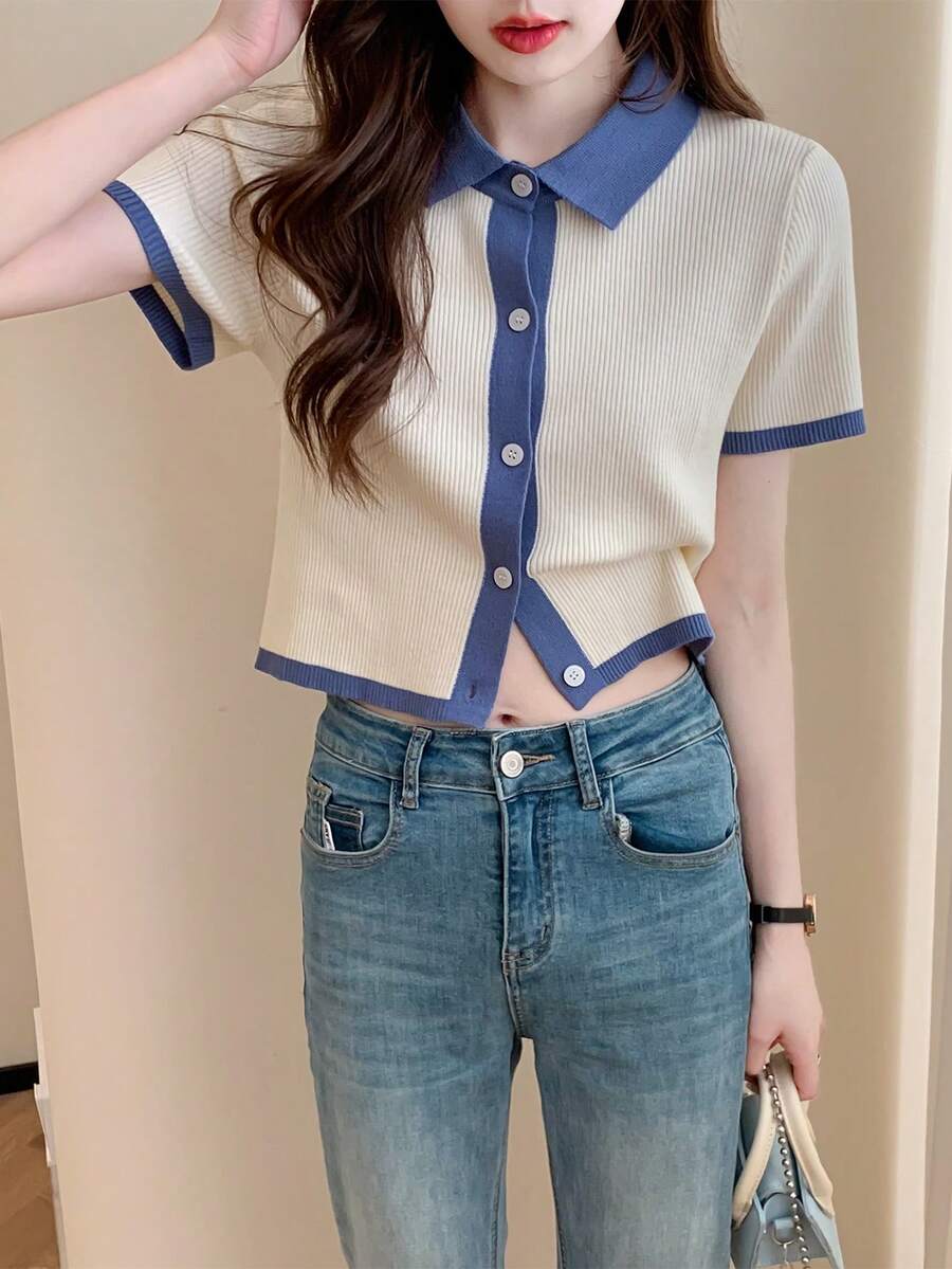 Alicedudu Women's Casual Collared Short Sleeve Cardigan For Summer - Beige - View 1