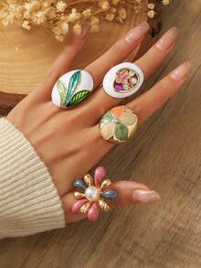 1pc Bohemian Enamel Flower Open Ring - Multicolor - View 1