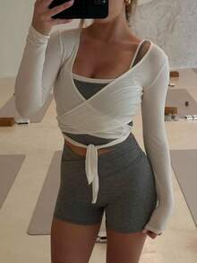 Ballet Wrap Tie Top Women Pilates Workout Yoga White Cross Wrap Top Y2k V Neck Long Sleeve Slim Fitted Self Tie T-Shirts Tops - 白色 - 查看 6
