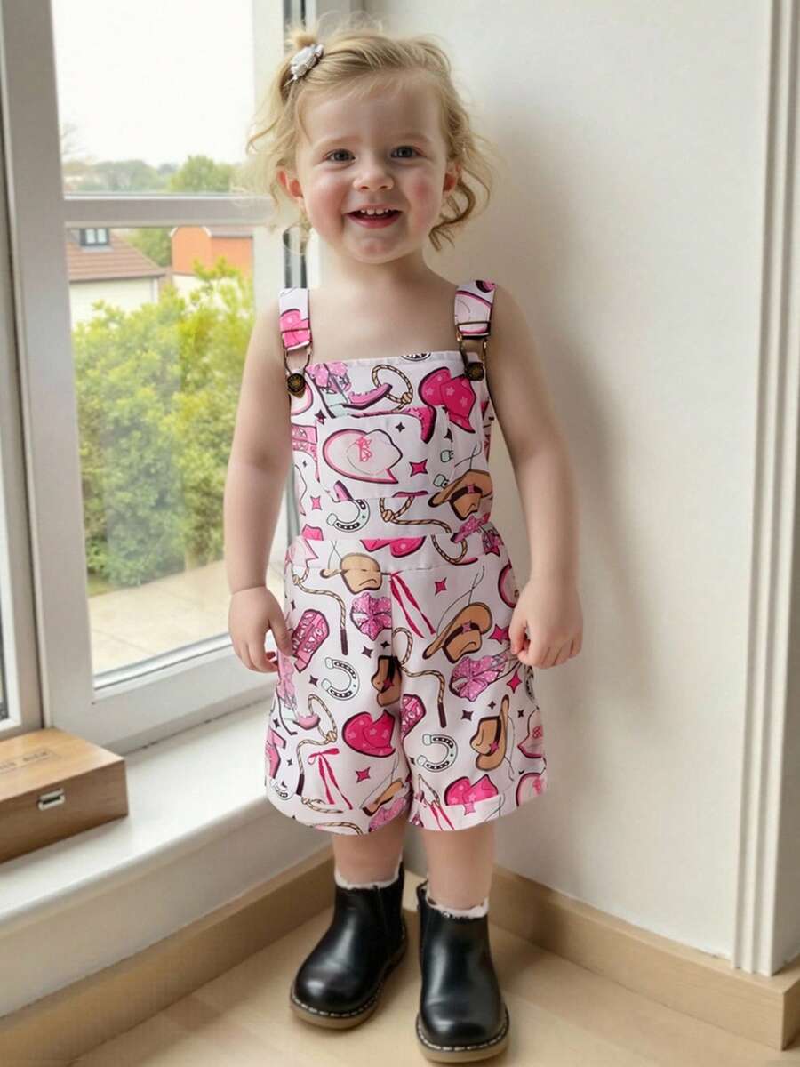 Mono tipo peto con estampado de botas para niña pequeña, diseño suelto, estilo vaquero western, para el verano - Rosa - Ver 1