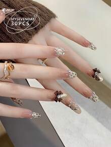 30 片杏仁形压制假指甲贴片，仿珍珠闪亮水钻蝴蝶结，甜美酷炫法式女士指甲贴片，指尖，配 1 片果冻胶和 1 片摩擦条，适合女性派对、舞会、日常休闲装，可拆卸可重复使用按压指甲美甲用品 - 彩色 - 查看 3
