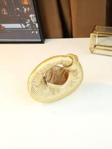 Rhinestone Embellished Evening Clutch Bag, Dumpling Shape Mini Fashionable And Unique Design Handbag, Smartphone Pouch - Gold - View 9