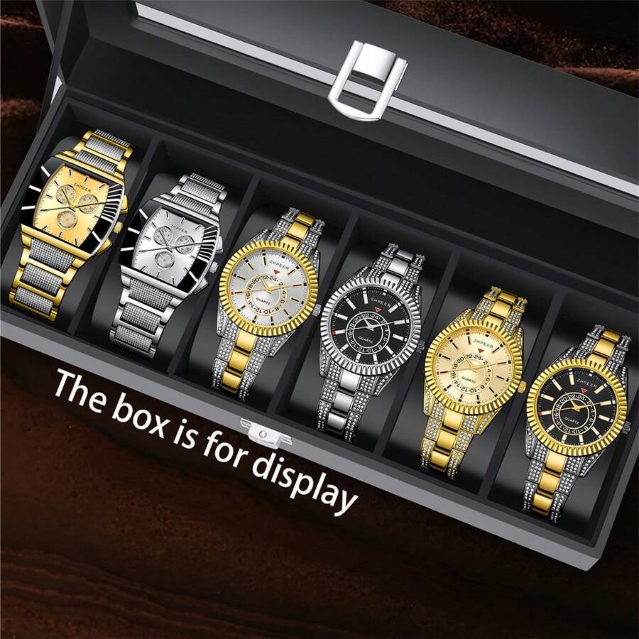6pcs Men's Watch Set: 2pcs Barrel-Shaped Case + 4pcs Round Case Watches - Six-piece Set - View 1