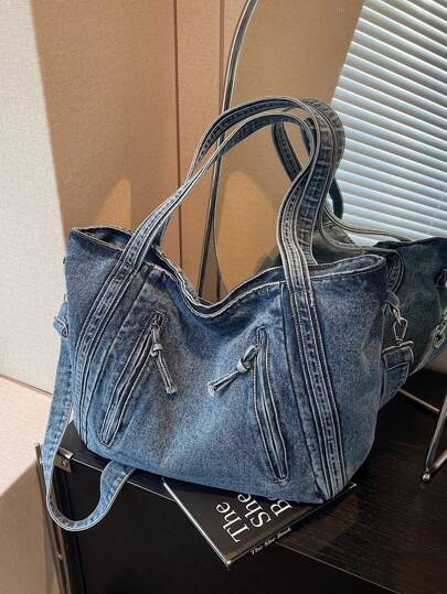 حقيبة كتف جينز كاجوال ناعمة جديدة، تصميم جيب سوستة أمامية، حقيبة كتف كبيرة السعة متعددة الاستخدامات للتنقل، حقيبة كروس بودي كاجوال للطلاب، حقيبة يد للشارع.