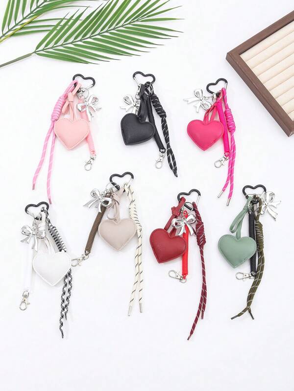 1 pieza Llavero de piel sintética de moda con colgante de corazón, lazo y decoración floral - Correa de cuerda en espiral para llavero, decoración para bolsos de mujer - Regalo único Y2K