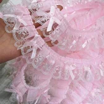 1pc 5cm Wide Ribbon With Embroidered Lace And Bow Trim, Pink Decorative Sewing Accessory