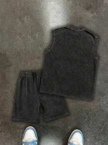 Men's Washed Vintage Basketball Style Tank Top And Shorts Set, "Sports & Outdoor - Basketball Style-Jump From The Free Throw Line"