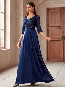 MIUSOL Đầm maxi dự tiệc trang trọng, tay lửng 3/4, cổ tim đính sequin và ren hoa phối satin tương phản, kiểu dáng thanh lịch dành cho nữ, đầm dạ hội trang trọng, đầm dự tiệc prom, đầm dự đám cưới, đầm tốt nghiệp, đầm dự tiệc tối, đầm Valentine mùa xuân. - Màu xanh hải quân - Xem 6