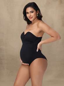 JustVH Maternity Strapless Bodysuit Sexy V Neck Solid Color Bodycon Top For Photoshoot