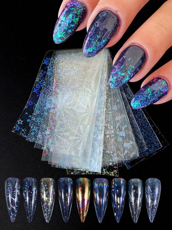 9 Stücke/Tüte Nageltransfer Aufkleber mit Laser Mustern, holografischem Design, Gel Abziehbilder, Stern glänzende Folie Slider, Kunst Dekoration DIY Maniküre Zubehör Tool