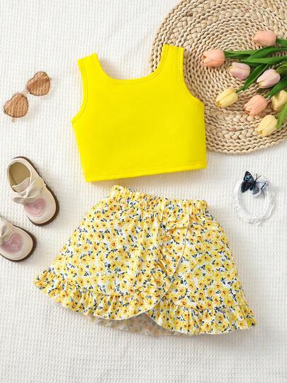 Conjunto de Saia e Regata Feminino Infantil com Decoração de Babado na Borda, Conjunto de Saia Casual de Festa de Verão em Duas Peças