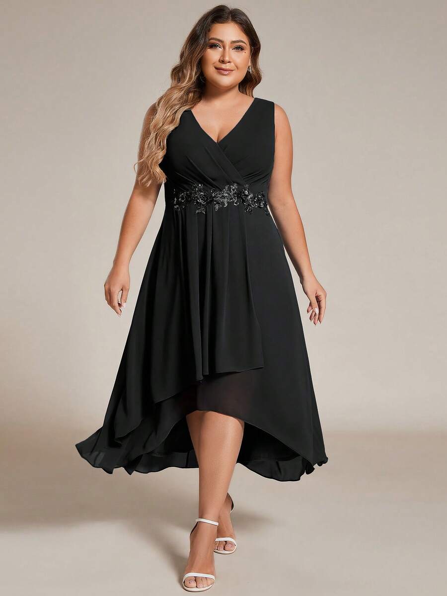 EVERPRETTY Plus Elegant Chiffon Appliques Bridesmaid Wedding Guest Dresses For Wedding - Black - View 1