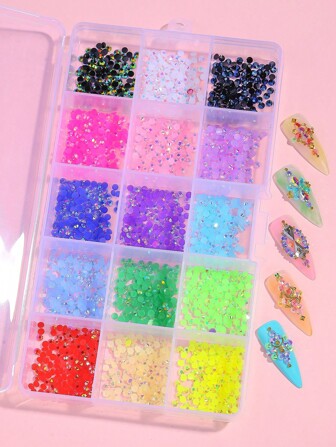 1 caja de 15 colores de rhinestones para uñas - Rhinestones para uñas de colores tipo jalea y macaron, 12 colores en 1 caja | Encantos 3D para uñas de acrílico brillante y resina para uñas de playa, tumblers y fiestas de piscina | Suministros de arte de uñas de helado pastel Y2K, decoración de uñas estética