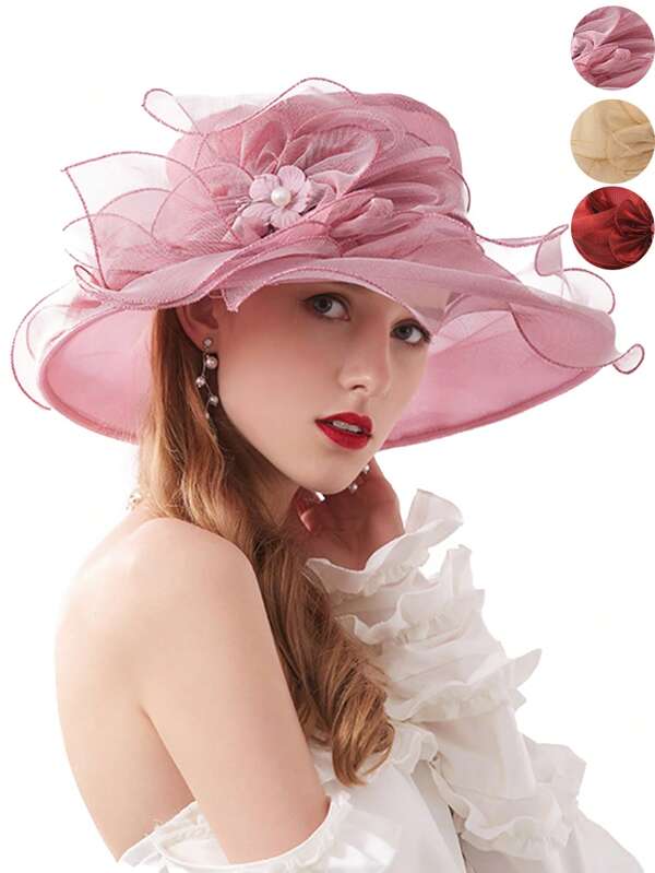 1pc Women's Organza Church Kentucky Derby Hat, Removable Flower Decor, Wide Brim Lace Organza Floral Sun Hat For Bride Tea Party Wedding