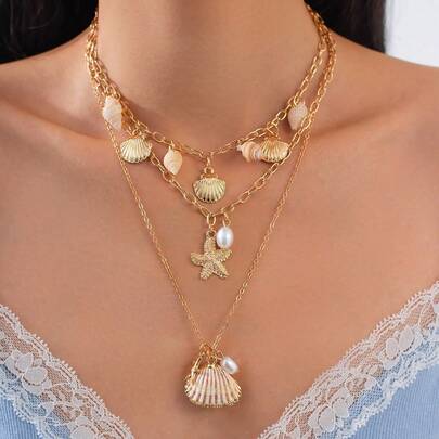 3pcs Mermaid Tail Faux Pearl Tassel Necklace With Starfish & Shell Pendants, Beach Style Jewelry
