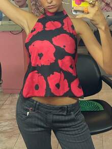 Women Y2k Floral Tie Top Coquette Boho Bow Backless Sleeveless Tank Top Summer Going Out Cami Top Fairy Streetwear - 紅色 - 查看 4