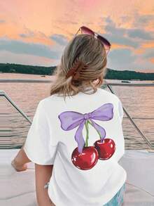 1 set tricou cu mânecă scurtă și rochie casual pentru fete, cu imprimeu de cireșe și papion, ideal pentru elevi și copii vara