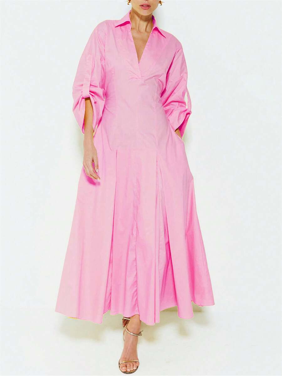 GLOURI Elegant V-Neck Maxi Dress - Long Sleeve Flared Hem Chic Dress With Lapel Collar | Summer Resort Wear For Date Nights/Tropical Vacations - 粉色 - 查看 1