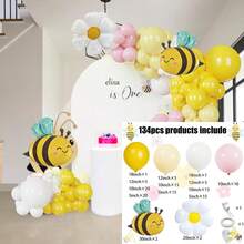 134pcs Bee Balloon Garland Arch Kit, Includes Yellow, White, Pink Latex Balloons And Bee Daisy Foil Balloons, Suitable For Birthday, Baby Shower, Gender Reveal, Wedding, Sunflower & Bee Theme Party Decor - Multicolor - View 9
