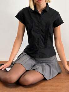 Women's Summer Slim Fit Shirt Solid Color Short Sleeve Lapel Button Down Pleated Tops - Black - View 3