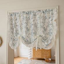 1pc Linen-Looking Blue Floral Print Curtain With White Ruffle Trim, Adjustable And Expandable Design, Adds Stylish Home Decor