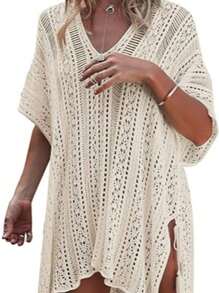 Bohemian Plus Size Thin, Sexy, Asymmetrical Hollow Out Knit Cover Up, Loose Long Cover Up, Crochet, Beach Vacation Wear