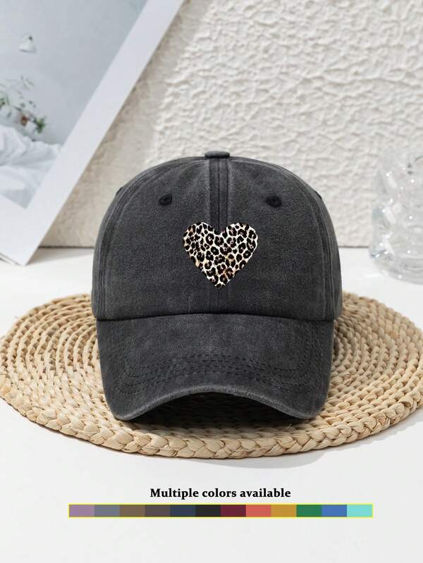 1 pieza Gorra de béisbol ajustable sin soporte para mujer con estampado de leopardo en forma de corazón, estilo deportivo al aire libre, lavado y vintage, apta para uso diario y viajes a la playa