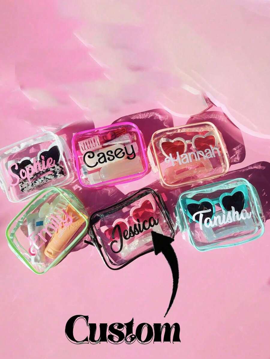 Personalized Name Cosmetic Bag, Transparent Waterproof Cosmetic Bag Toiletry Bag, PVC Zipper Transparent Storage Bag Portable Cosmetic Bag, Wallet, Card Holder, Lotion Storage Bag, Travel Storage Bag, Pen Bag