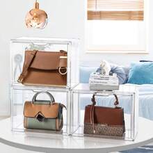 DILIBRA Juego de 4 Organizadores de Almacenamiento de Bolsos de Plástico para Clóset, Vitrina Acrílica para Cartera y Bolso, Cajas de Almacenamiento Apilables con Puerta Magnética para Embrague - 4 paquetes XXL - Ver 2