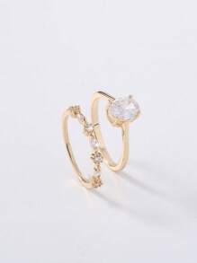 2pcs Set Engagement Rings, Minimalist Golden Zirconia Rings Set For Women, Wedding Proposal Rings