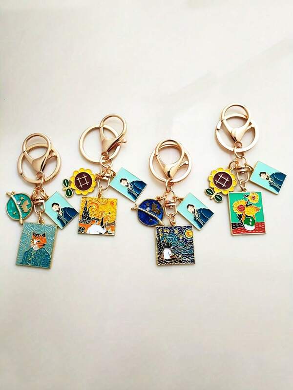 1 Pc Unisex Van Gogh Style - Dripping Oil, Portrait, Graffiti, Starry Night Sunflower - Cute Cartoon Cat Alloy Lobster Buckle, Keychain, Key Ring, Street Fashion Elegant Graffiti Style Keychain, Women's Fashion Keychain, Cute Keychain, Interesting Keychain Car Accessories Bag Charm School