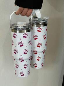2024 New Design 30oz White Car Cup With Straw | Two-Tone Cherry Print Stainless Steel Tumbler | Portable Handle Leak-Proof Insulated Bottle | Aesthetic Style/Cold Retention Tech/Car Accessories Essential | Travel Mug