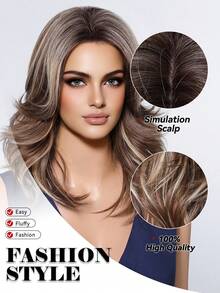 16 英寸长卷发优雅棕色挑染假发，适合时尚女士棕色混合金色合成假发，耐热日常派对度假使用，音乐节个性化假发 - 挑染棕色 - 查看 4