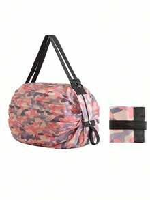1 件粉色迷彩可折叠购物袋 - 高品质尼龙，大容量旅行和健身手提包，耐用面料和肩带，轻便适合运动、健身和日常使用，日常购物袋 | 可折叠手提包 | 尼龙购物袋，可重复使用购物袋