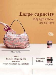 1 件粉色迷彩可折叠购物袋 - 高品质尼龙，大容量旅行和健身手提包，耐用面料和肩带，轻便适合运动、健身和日常使用，日常购物袋 | 可折叠手提包 | 尼龙购物袋，可重复使用购物袋