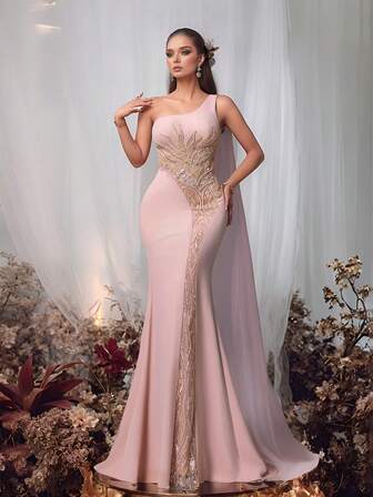 VIPGIRL Rosa sjöjungfruklänning med en axel och guldpaljettutsmyckning, elegant bodycon-klänning, aftonklänning för kvinnor, balklänningar för kvinnor, lyxig klänning, lång mantelklänning, festklänning, glamorös look, formella och aftonklänningar, bröllopsgäst