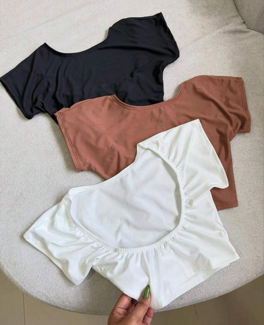 Cropped Top T-Shirt Bare Back Low-Cut Back Basic Plain Summer Fashion Blogger Suplex Polyamide - White - View 1