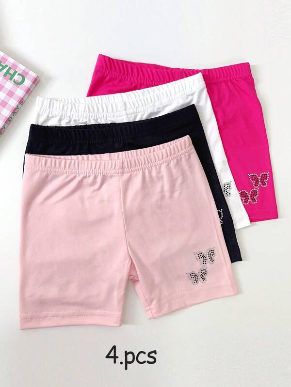 4 Pcs Kids Butterfly Rhinestone Pattern Milk Silk Material Versatile Safe Shorts