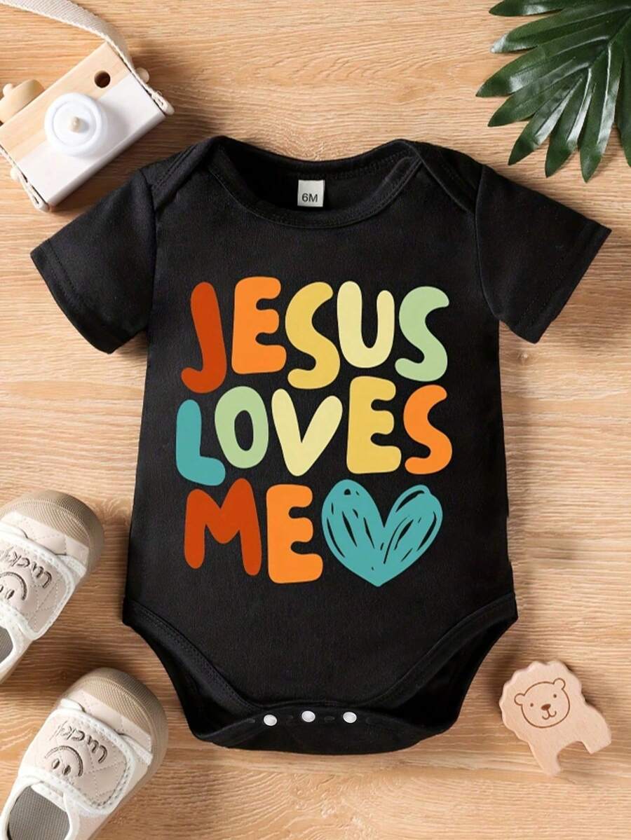 Bodys de manga corta con cuello redondo y estampado de letras para bebés niños recién nacidos en verano, ropa informal y bonita - Negro - Ver 1