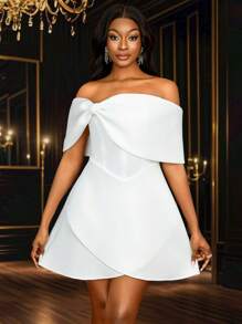 Vestido de dama de honor sexy con hombros descubiertos, lazo, corte evasé y asimétrico, color blanco, para fiesta nupcial, boda, graduación, novia