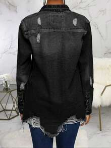Slim-Fit Distressed Hem Denim Jacket For Young Adults - Perfect For Spring And Fall Fashion - Black - View 3