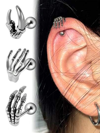 1 件朋克不锈钢黑色油滴骷髅爪/龙爪耳屏耳环 16 克穿孔口耳软骨耳垂耳钉，适合男女通用节日和日常生活礼物