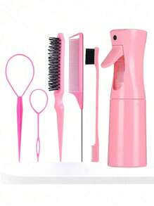 Juego de 8 piezas de herramientas para peinado de color rosa - Botella rociadora, peine de cola, cepillo cardador, herramientas de bucle y horquillas para trenzar y peinados DIY