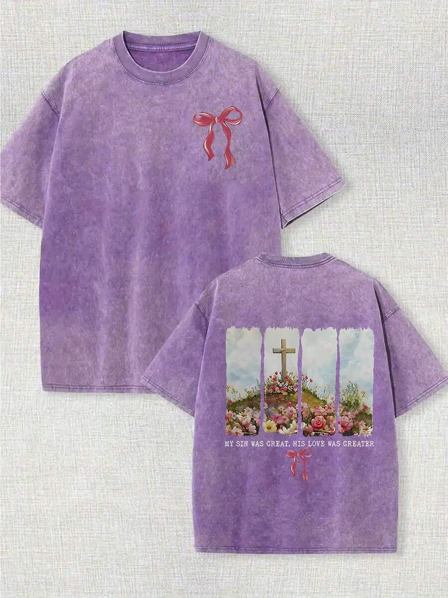 230g Washed, Blooming Flower Printed T-Shirt, High-Quality Wax Printed Cotton Retro Fashion Brand T-Shirt, Men's T-Shirt, Beach Essential, Men's Summer T-Shirt, Holiday Gift, Perfect Gift - 紫色 - 查看 1