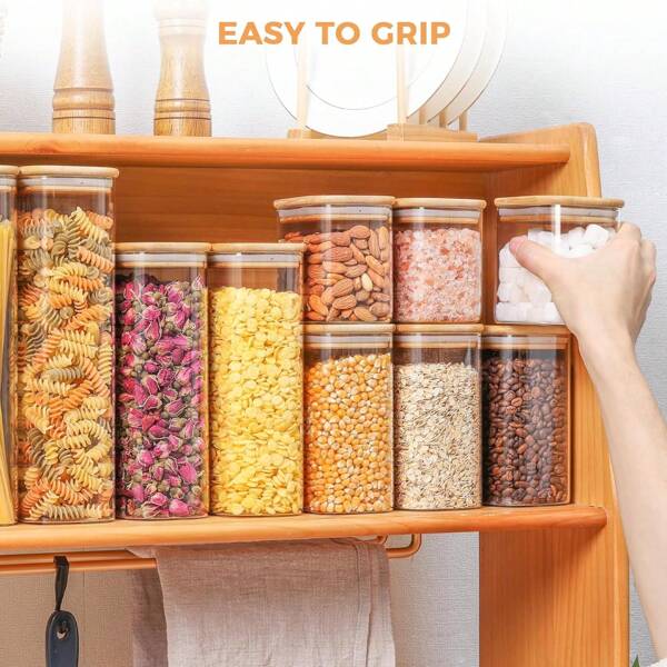 Rectangular Glass Storage Container With Lid, Glass Jar With Bamboo Lid, Transparent Food Storage Jar, Tall Pasta Container, Food Storage Box For Pasta Flour Oatmeal Nut Rice