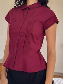 Women's Summer Slim Fit Shirt Solid Color Short Sleeve Lapel Button Down Pleated Tops - 酒紅色 - 查看 3