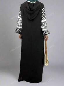 Große Größen Damen Kleid im arabischen Stil mit Patchwork, Kontrastfarben, Taschen und Kordelzug, bescheidener Mantel, Abaya